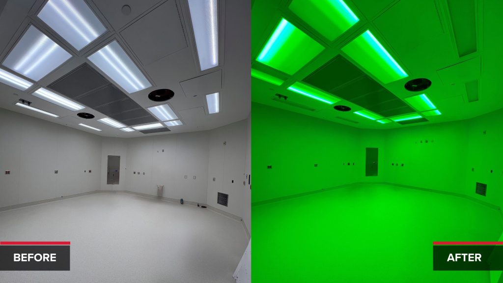 Before and after image of operating room with and without green light system