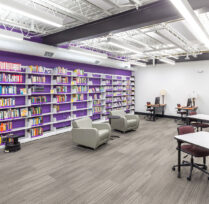 Inside library purple bookshelves and study desk