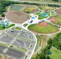 Aerial view of park with baseball fields and waterpark