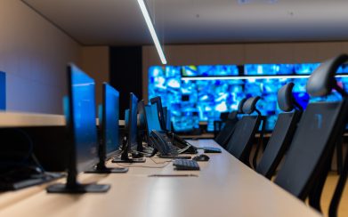 Empty Office, Desk, And Chairs At A Main CCTV Security Data Cent