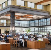 Interior view of desks with walkway