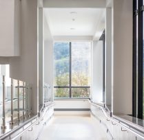 Hallway of hospital with large windows