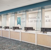 Reception area with six check-in desks
