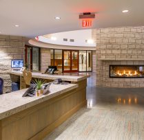 Main lobby front desk and fireplace