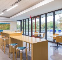 Common study area with tall tables and stools