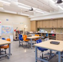 Children's classroom with colorful chairs and tables