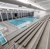 Wide view of swimming pool and bleachers