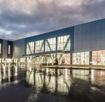 Exterior of long building with many windows