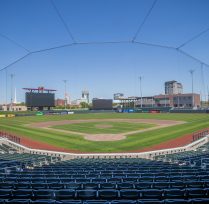 Wide view of stadium with diamond