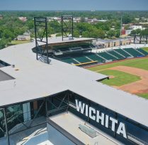 Side view of stadium with diamond and top of roof