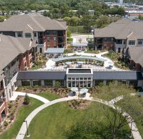 Aerial view of Plymouth Place with four buildings