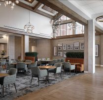 Gathering area with many tables and chairs