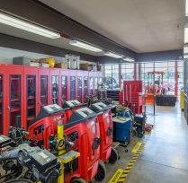 Tools closet with red shelves