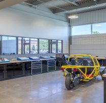 Tabletop desks all along the wall