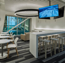 Dining area with bar tables and chairs