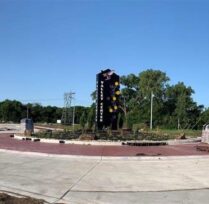 Wide shot of roundabout with road