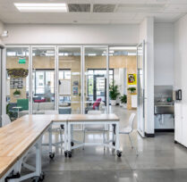 Large classroom with tv and tables